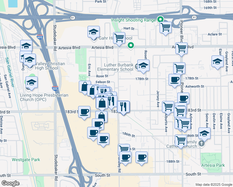 map of restaurants, bars, coffee shops, grocery stores, and more near 18000 Harvest Avenue in Cerritos