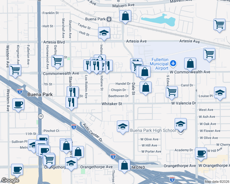 map of restaurants, bars, coffee shops, grocery stores, and more near 8340 Chopin Drive in Buena Park