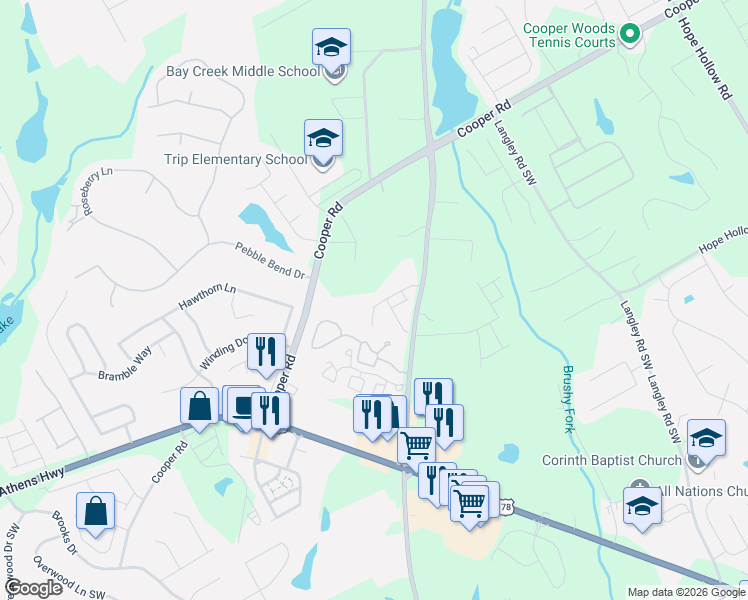 map of restaurants, bars, coffee shops, grocery stores, and more near 2873 Rosebud Road in Loganville