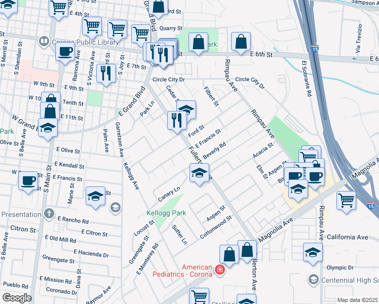 map of restaurants, bars, coffee shops, grocery stores, and more near 1206 Fullerton Avenue in Corona