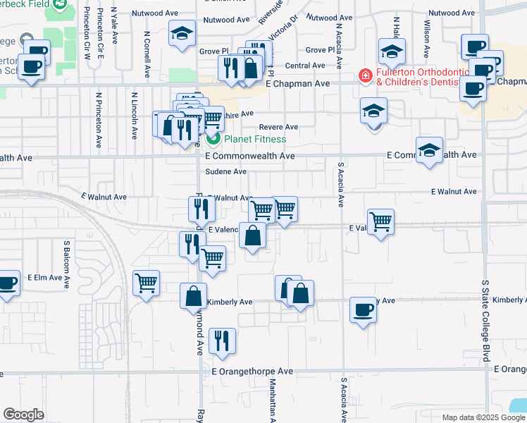 map of restaurants, bars, coffee shops, grocery stores, and more near 1420 East Walnut Avenue in Fullerton