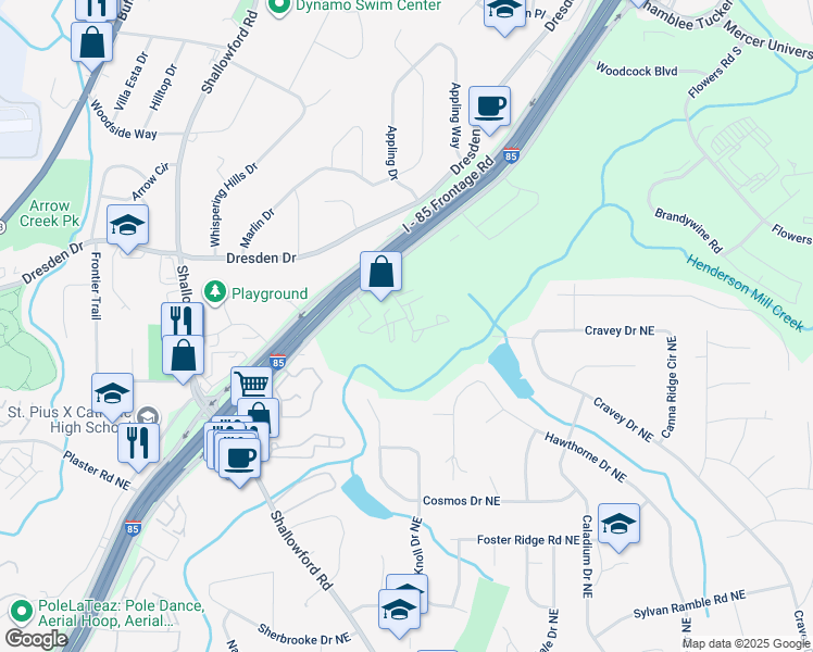 map of restaurants, bars, coffee shops, grocery stores, and more near 3091 Colonial Way in Atlanta