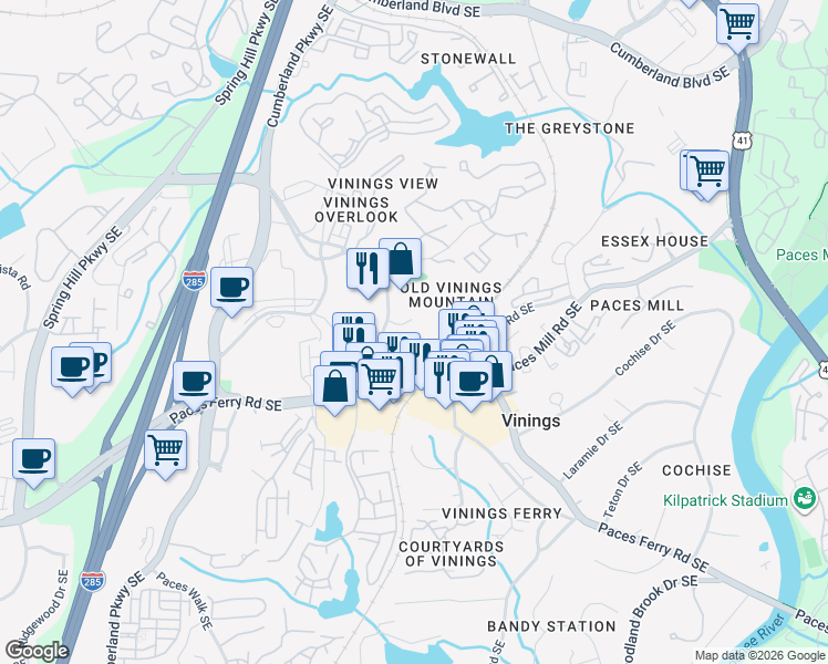 map of restaurants, bars, coffee shops, grocery stores, and more near 3530 Preserve Drive Southeast in Atlanta