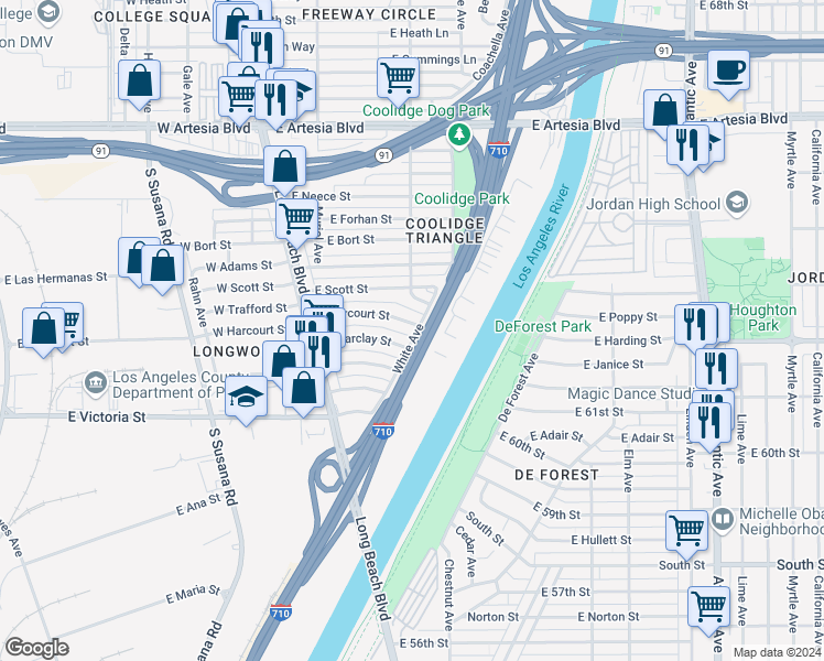 map of restaurants, bars, coffee shops, grocery stores, and more near 272 East Harcourt Street in Long Beach
