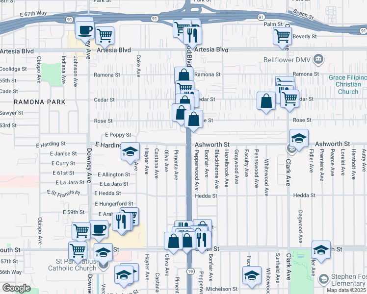 map of restaurants, bars, coffee shops, grocery stores, and more near 6137 Lakewood Boulevard in Lakewood