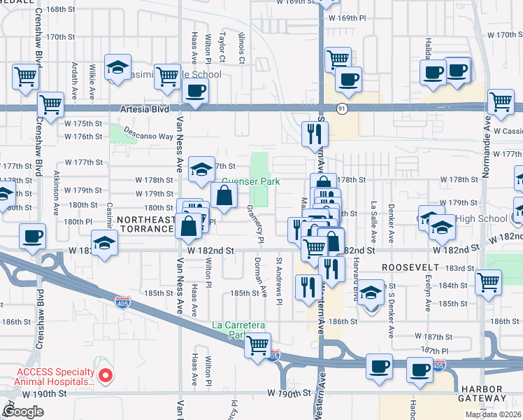 map of restaurants, bars, coffee shops, grocery stores, and more near 1939 180th Place in Torrance