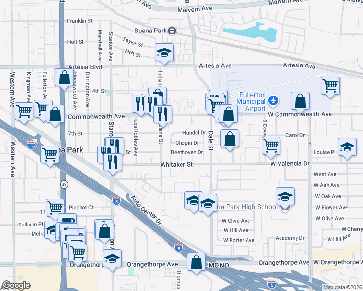 map of restaurants, bars, coffee shops, grocery stores, and more near 8340 Chopin Drive in Buena Park