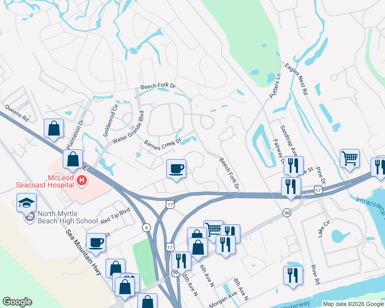 map of restaurants, bars, coffee shops, grocery stores, and more near 4463 Little River Inn Lane in Little River