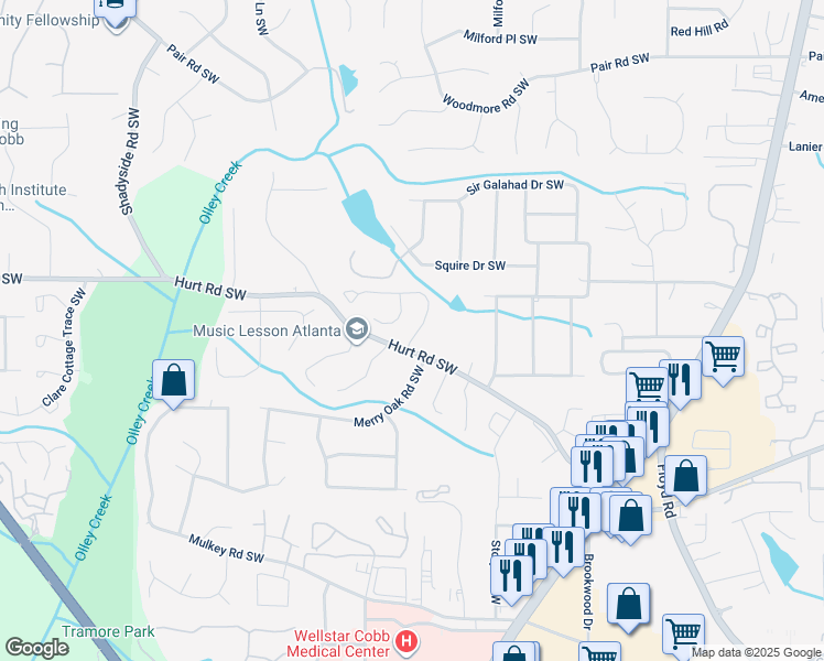 map of restaurants, bars, coffee shops, grocery stores, and more near 1795 Killarney Drive Southwest in Marietta