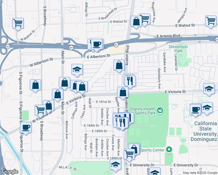 map of restaurants, bars, coffee shops, grocery stores, and more near 408 East Victoria Street in Carson