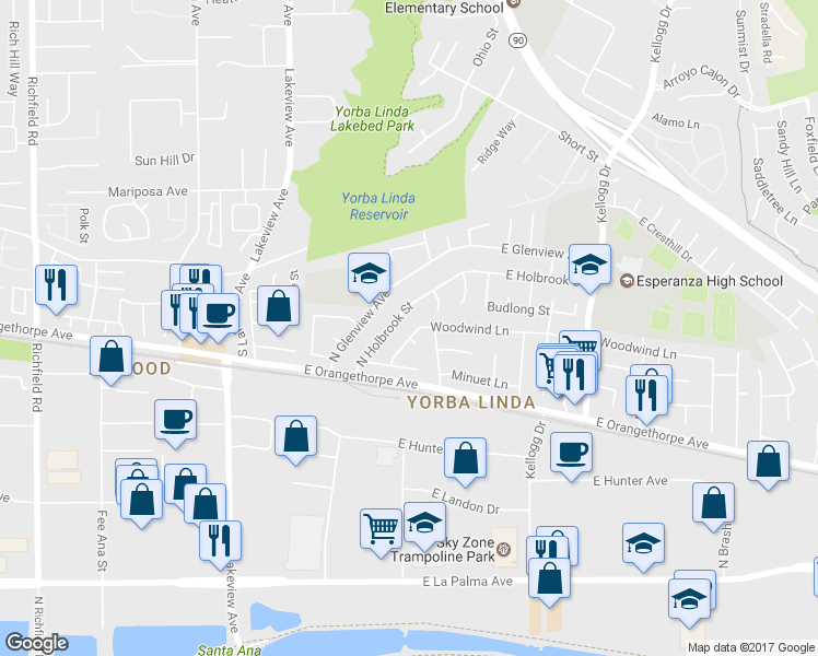 map of restaurants, bars, coffee shops, grocery stores, and more near 1769 North Woodwind Lane in Anaheim