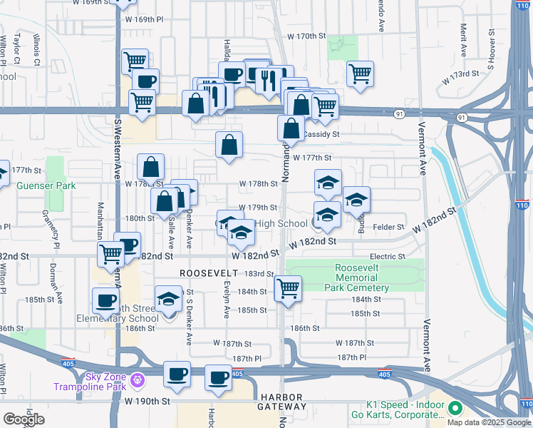 map of restaurants, bars, coffee shops, grocery stores, and more near 1426 West 179th Street in Gardena