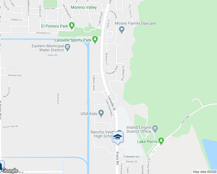 map of restaurants, bars, coffee shops, grocery stores, and more near 17431 Kentuc Derby Drive in Moreno Valley