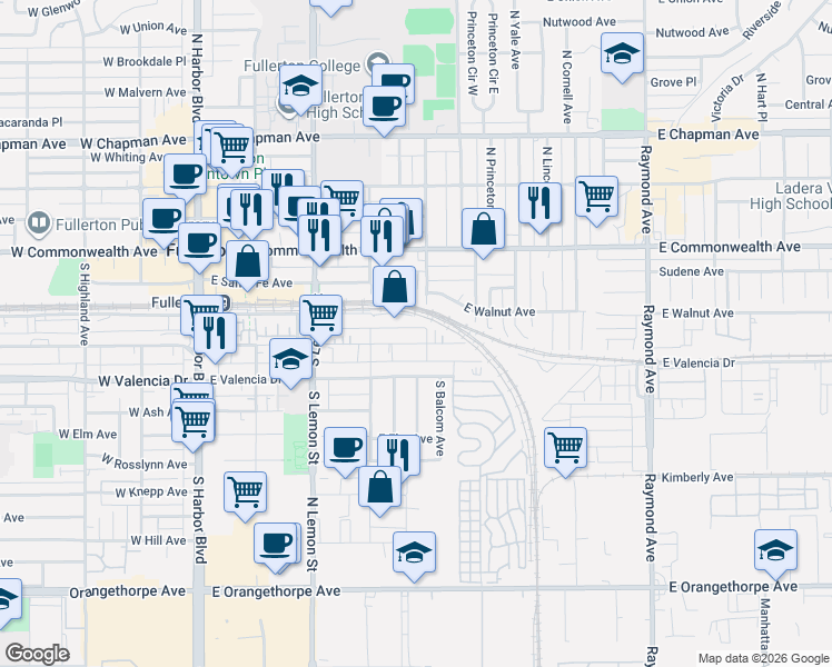 map of restaurants, bars, coffee shops, grocery stores, and more near 424 East Patterson Way in Fullerton