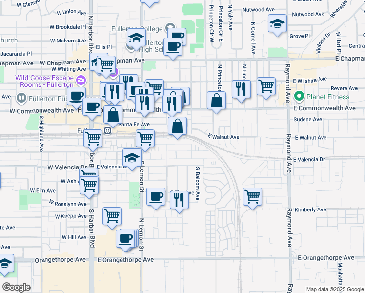 map of restaurants, bars, coffee shops, grocery stores, and more near 424 East Patterson Way in Fullerton