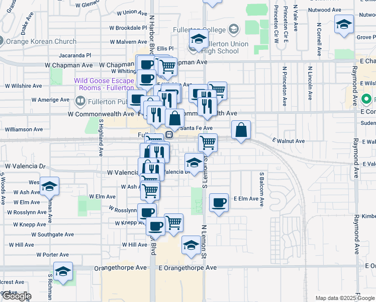 map of restaurants, bars, coffee shops, grocery stores, and more near 222 East Truslow Avenue in Fullerton