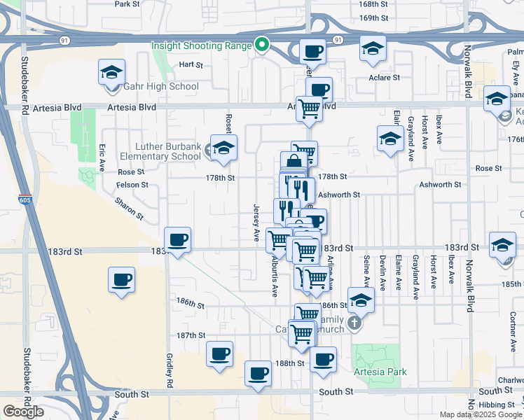 map of restaurants, bars, coffee shops, grocery stores, and more near 18021 Alburtis Avenue in Artesia