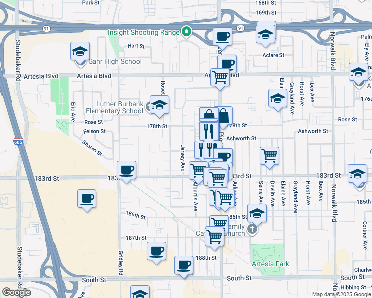 map of restaurants, bars, coffee shops, grocery stores, and more near 18021 Alburtis Avenue in Artesia