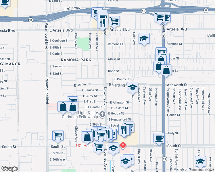 map of restaurants, bars, coffee shops, grocery stores, and more near 3520 East Janice Street in Long Beach