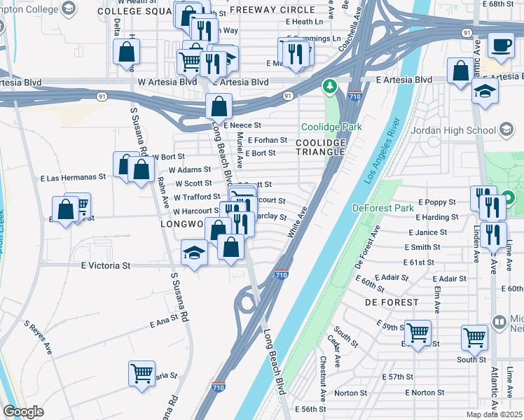 map of restaurants, bars, coffee shops, grocery stores, and more near 205 East Allington Street in Long Beach