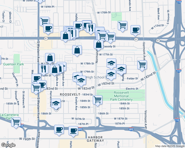 map of restaurants, bars, coffee shops, grocery stores, and more near 1411 180th Street in Gardena