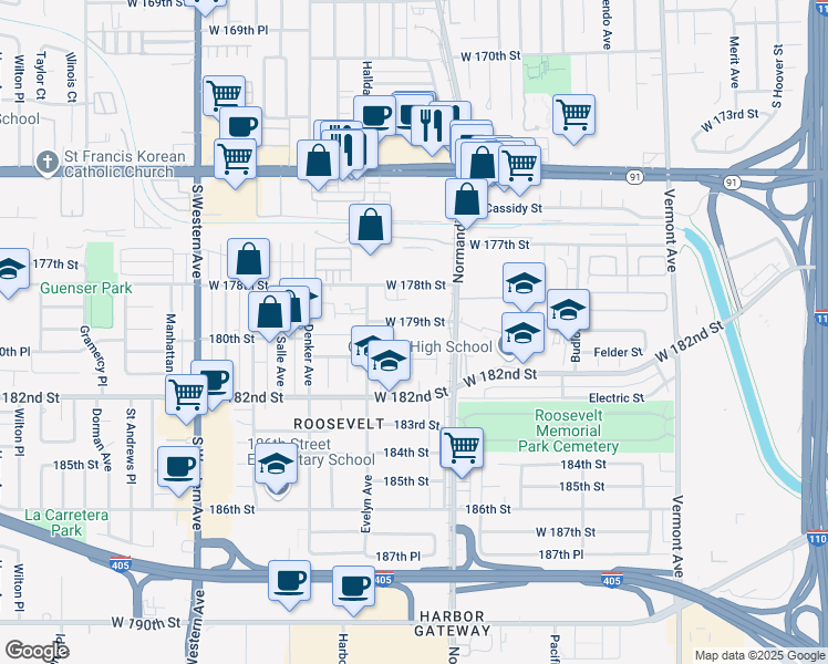 map of restaurants, bars, coffee shops, grocery stores, and more near 1411 180th Street in Gardena