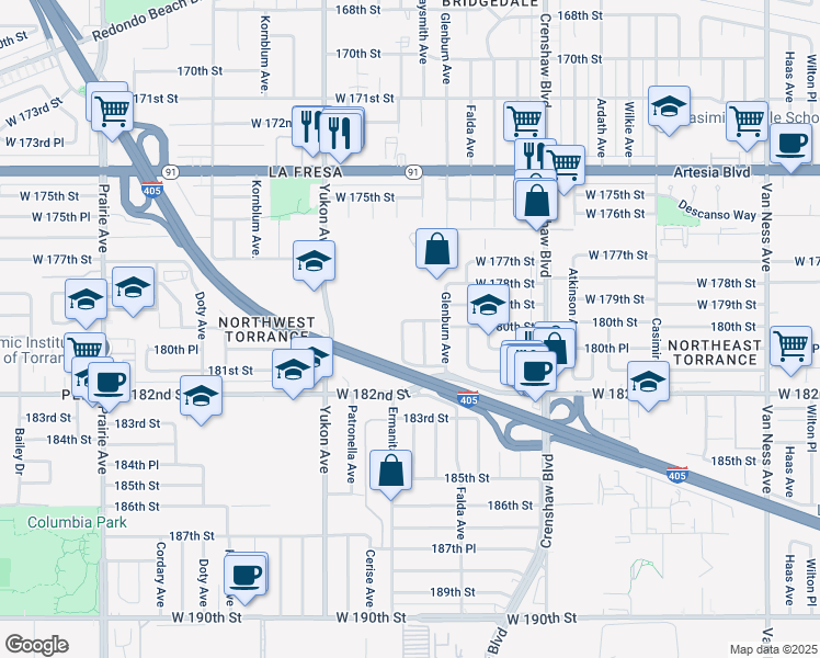 map of restaurants, bars, coffee shops, grocery stores, and more near 18038 Ermanita Avenue in Torrance