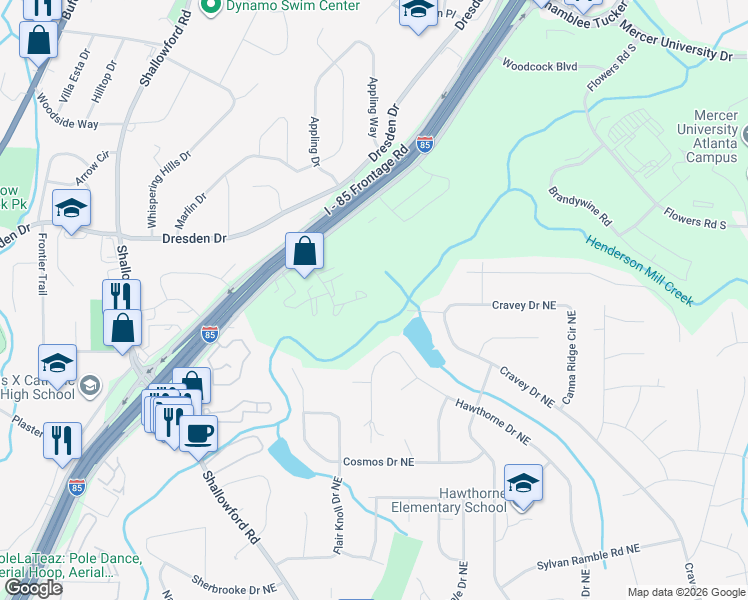 map of restaurants, bars, coffee shops, grocery stores, and more near 3099 Colonial Way in Chamblee