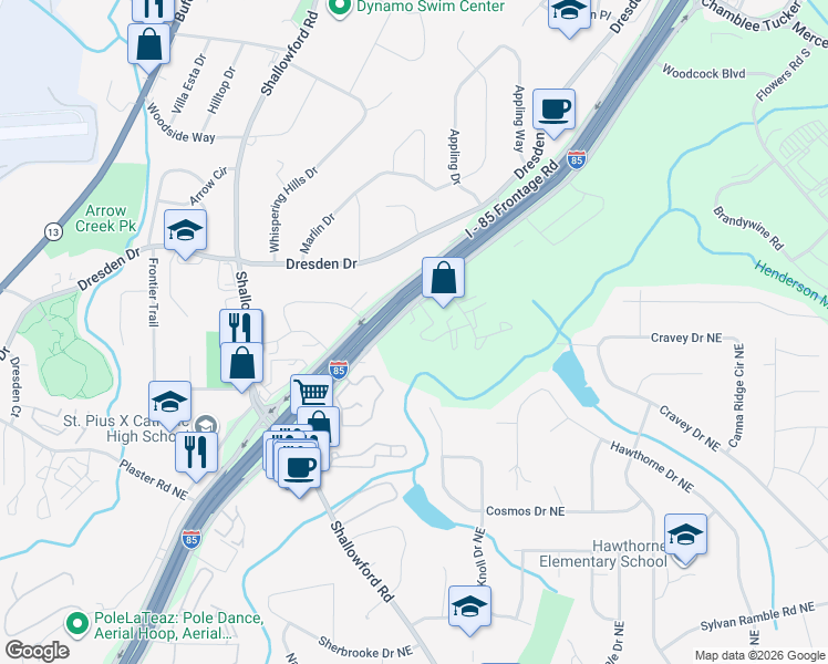 map of restaurants, bars, coffee shops, grocery stores, and more near 3081 Colonial Way in Chamblee