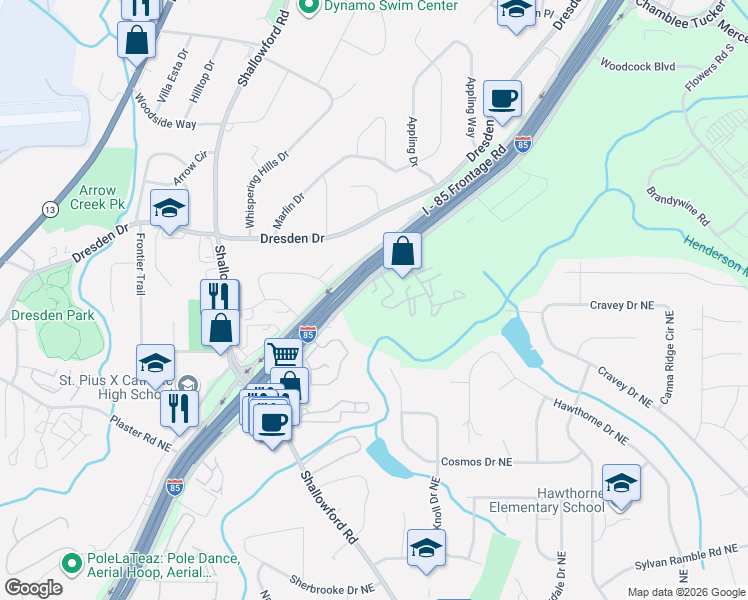 map of restaurants, bars, coffee shops, grocery stores, and more near 3081 Colonial Way in Chamblee