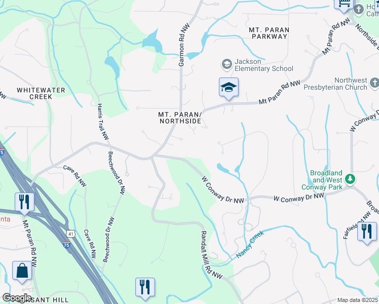 map of restaurants, bars, coffee shops, grocery stores, and more near 1191 West Conway Drive Northwest in Atlanta