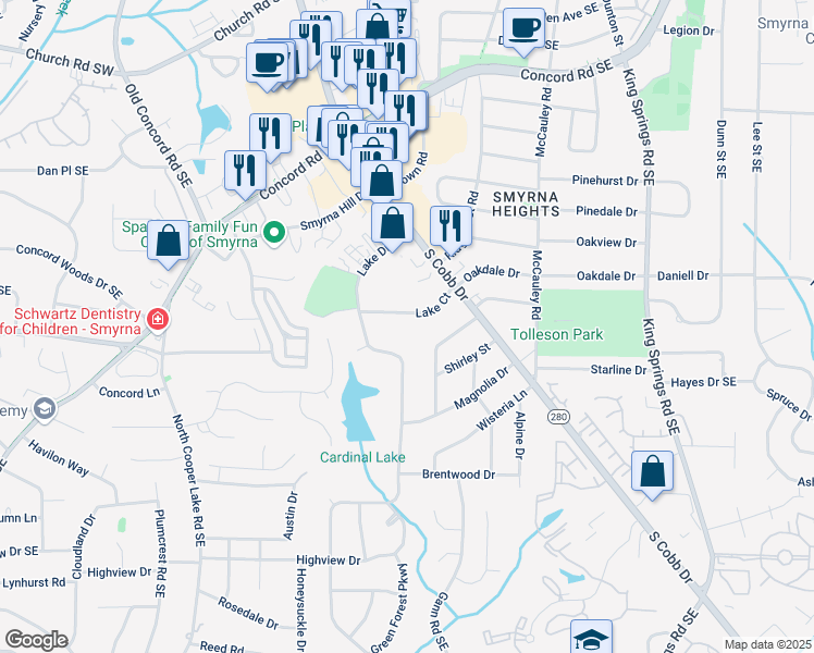map of restaurants, bars, coffee shops, grocery stores, and more near 878 Lake Court in Smyrna