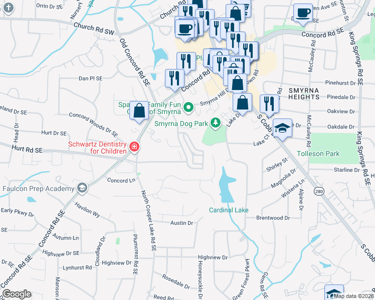 map of restaurants, bars, coffee shops, grocery stores, and more near 3543 South Sherwood Road Southeast in Smyrna