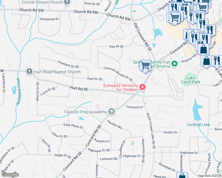 map of restaurants, bars, coffee shops, grocery stores, and more near 432 Auldon Court Southeast in Smyrna