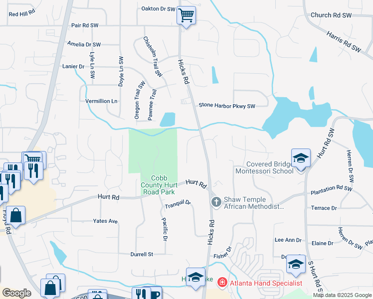 map of restaurants, bars, coffee shops, grocery stores, and more near 3581 Mill Creek Lane Southwest in Marietta