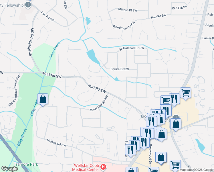 map of restaurants, bars, coffee shops, grocery stores, and more near 1702 Merry Oak Road Southwest in Marietta