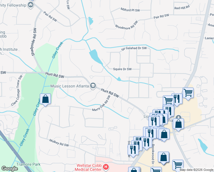 map of restaurants, bars, coffee shops, grocery stores, and more near 1795 Killarney Drive Southwest in Marietta