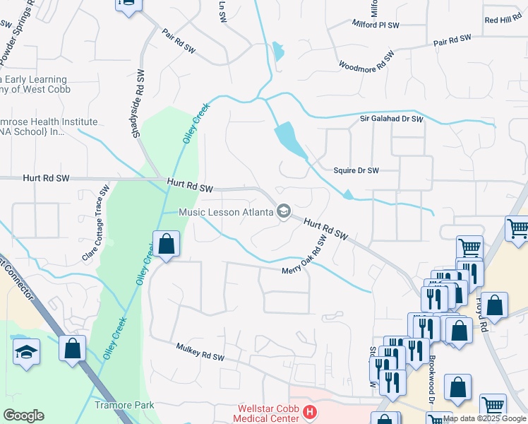 map of restaurants, bars, coffee shops, grocery stores, and more near 3607 Main Station Drive Southwest in Marietta