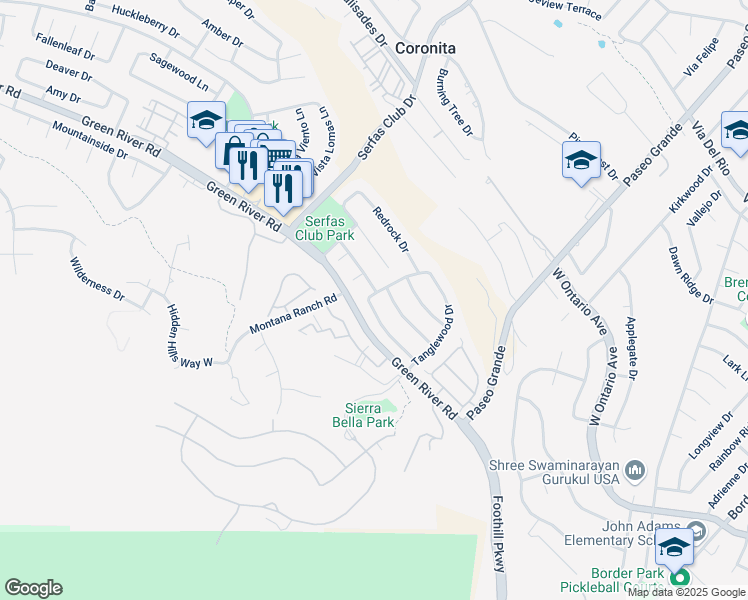 map of restaurants, bars, coffee shops, grocery stores, and more near 2381 Pepperwood Lane in Corona