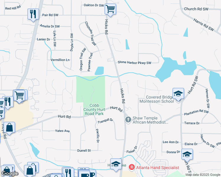 map of restaurants, bars, coffee shops, grocery stores, and more near 3581 Mill Creek Lane Southwest in Marietta