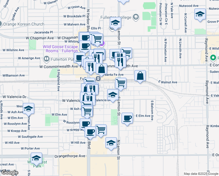 map of restaurants, bars, coffee shops, grocery stores, and more near 316 District Court in Fullerton