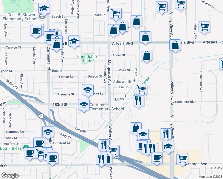 map of restaurants, bars, coffee shops, grocery stores, and more near 18108 Antonio Avenue in Cerritos