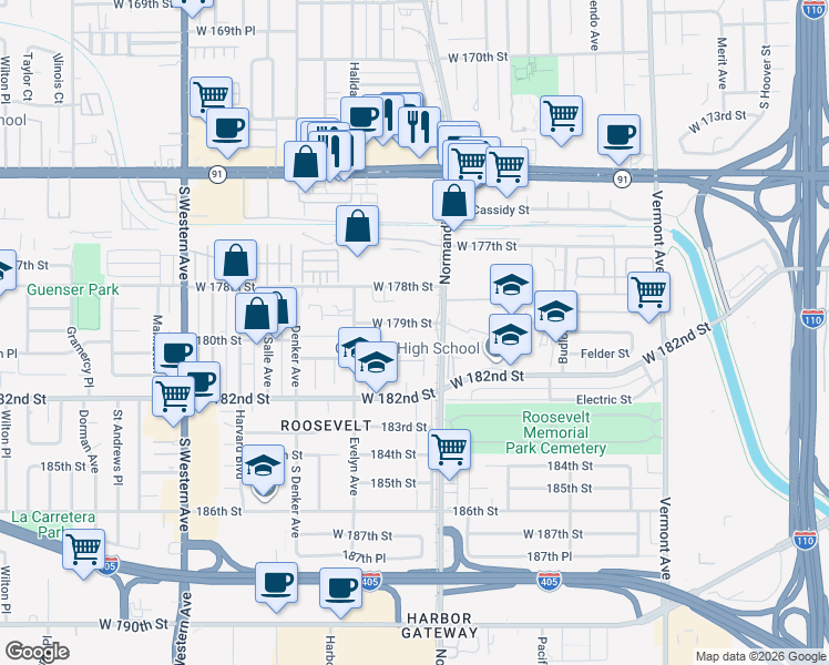 map of restaurants, bars, coffee shops, grocery stores, and more near 1426 West 179th Street in Gardena