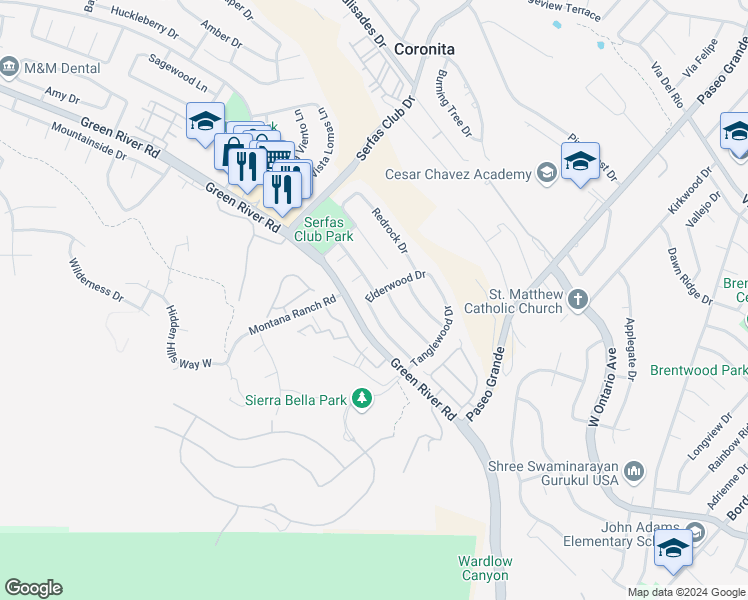 map of restaurants, bars, coffee shops, grocery stores, and more near 2381 Pepperwood Lane in Corona