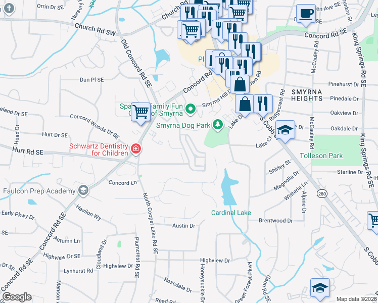 map of restaurants, bars, coffee shops, grocery stores, and more near 3543 South Sherwood Road Southeast in Smyrna
