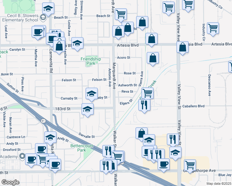 map of restaurants, bars, coffee shops, grocery stores, and more near 18013 Kensington Avenue in Cerritos