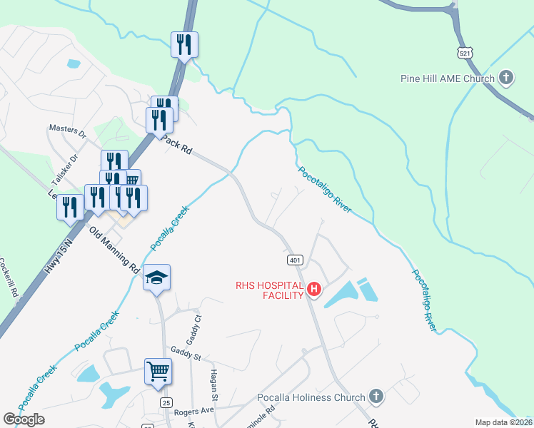 map of restaurants, bars, coffee shops, grocery stores, and more near 100 Pack Road in Sumter