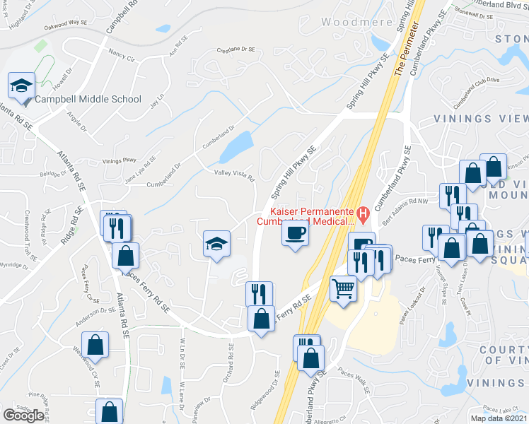 map of restaurants, bars, coffee shops, grocery stores, and more near Spring Hill Pkwy SE & Spring Hill Rd SE in Smyrna