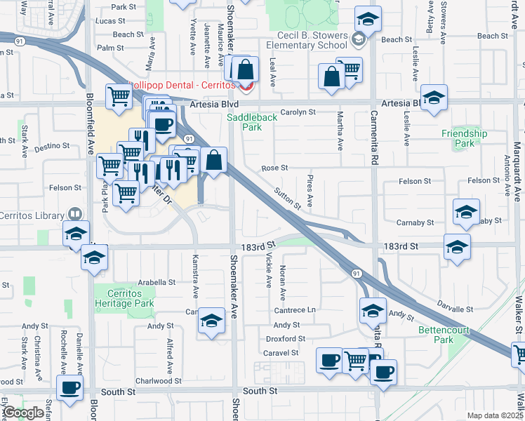 map of restaurants, bars, coffee shops, grocery stores, and more near 18006 Point Conception Place in Cerritos