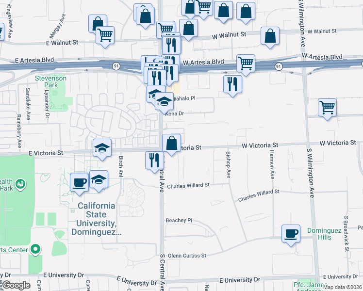 map of restaurants, bars, coffee shops, grocery stores, and more near Vigilant in Carson